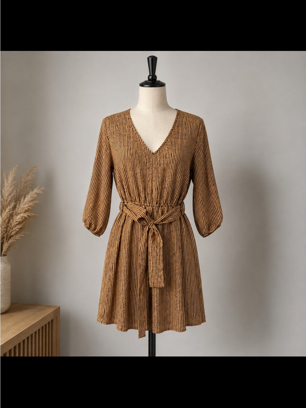 BeBop V-Neck Striped Tan Belted Mini Dress
